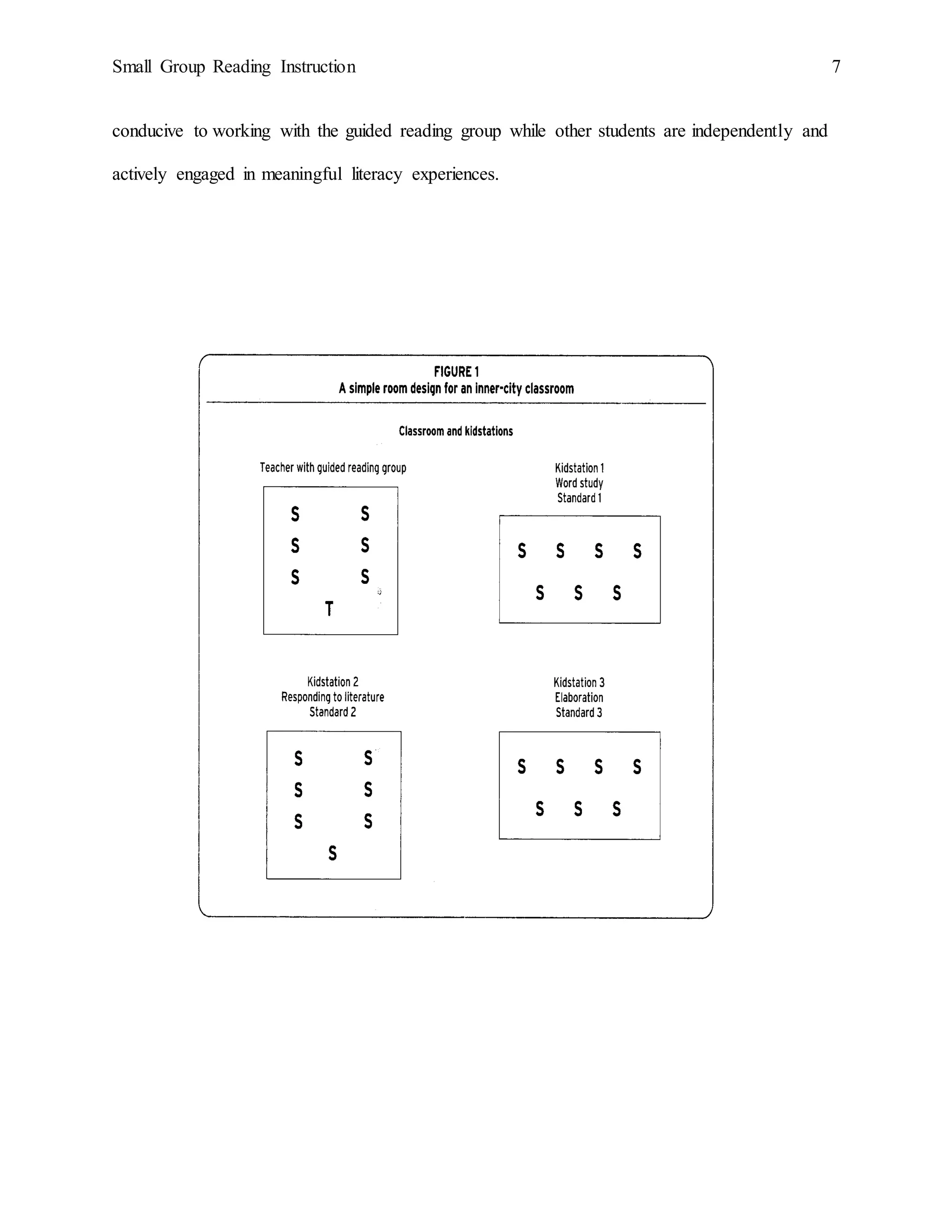 Small Group Reading Instruction 7
conducive to working with the guided reading group while other students are independently and
actively engaged in meaningful literacy experiences.
 