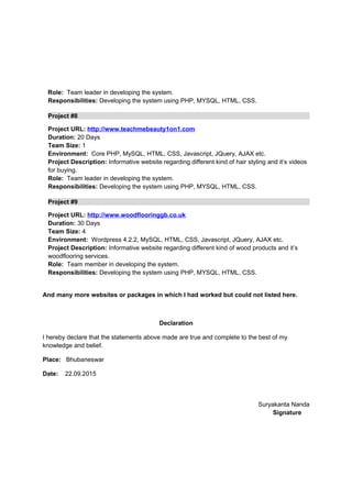 Role: Team leader in developing the system.
Responsibilities: Developing the system using PHP, MYSQL, HTML, CSS.
Project #8
Project URL: http://www.teachmebeauty1on1.com
Duration: 20 Days
Team Size: 1
Environment: Core PHP, MySQL, HTML, CSS, Javascript, JQuery, AJAX etc.
Project Description: Informative website regarding different kind of hair styling and it’s videos
for buying.
Role: Team leader in developing the system.
Responsibilities: Developing the system using PHP, MYSQL, HTML, CSS.
Project #9
Project URL: http://www.woodflooringgb.co.uk
Duration: 30 Days
Team Size: 4
Environment: Wordpress 4.2.2, MySQL, HTML, CSS, Javascript, JQuery, AJAX etc.
Project Description: Informative website regarding different kind of wood products and it’s
woodflooring services.
Role: Team member in developing the system.
Responsibilities: Developing the system using PHP, MYSQL, HTML, CSS.
And many more websites or packages in which I had worked but could not listed here.
Declaration
I hereby declare that the statements above made are true and complete to the best of my
knowledge and belief.
Place: Bhubaneswar
Date: 22.09.2015
Suryakanta Nanda
Signature
 