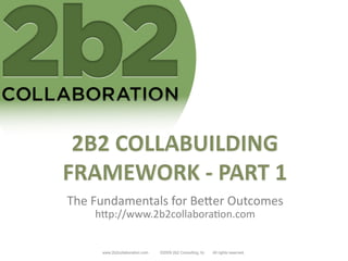 The	
  Fundamentals	
  for	
  Be2er	
  Outcomes	
  
      h2p://www.2b2collabora<on.com	
  


        www.2b2collaboration.com   ©2009 2b2 Consulting, llc.   All rights reserved.
 