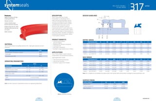 systemseals.com | 9505 Midwest Avenue, Cleveland, OH 44125 | 440.735.0200
METRIC SERIES
Rod Diameter Ød B ØD ØD1 L +0.2
L1 -0.10
R1 R2 S
Series 1 up to 40 mm 3.00 d+6.00 d+3.75 3.00 1.00 0.30 0.50 2.50
Series 2 up to 50 mm 5.00 d+10.00 d+5.75 5.00 1.50 0.30 0.50 2.50
Series 3 up to 90 mm 6.50 d+13.00 d+7.50 6.50 2.00 0.30 0.50 2.50
Series 4 up to 115 mm 8.00 d+16.00 d+9.10 8.00 3.00 0.30 0.50 2.50
Series 5 up to 175 mm 10.00 d+20.00 d+11.25 10.00 4.00 0.30 0.50 2.50
Series 6 up to 1000 mm 12.50 d+25.00 d+15.00 12.50 5.00 0.30 0.50 2.50
INCH SERIES
Rod Diameter Ød B ØD ØD1 L +0.008
L1 +0.004
R1 R2 S
Series 1 up to 1.625 in 0.125 d+0.250 d+0.148 0.125 0.040 0.012 0.020 0.100
Series 2 up to 1.875 in 0.188 d+0.376 d+0.222 0.188 0.060 0.012 0.020 0.100
Series 3 up to 3.500 in 0.250 d+0.500 d+0.296 0.250 0.080 0.012 0.020 0.100
Series 4 up to 4.375 in 0.313 d+0.626 d+0.358 0.313 0.118 0.012 0.020 0.100
Series 5 up to 6.750 in 0.375 d+0.750 d+0.442 0.375 0.158 0.012 0.020 0.100
Series 6 up to 40.000 in 0.500 d+1.000 d+0.590 0.500 0.197 0.012 0.020 0.100
Note: for a complete list of available sizes please refer to the System Seals online product catalogue at www.systemseals.com.
SURFACE FINISH
Surface roughness Ra Rt RMS
Sliding surface ≤0.3 µm ≤3 µm 8 RMS
Surface of groove I.D. ≤1.8 µm ≤10 µm 64 RMS
Sides of groove ≤3 µm ≤16 µm 125 RMS
DESIGN GUIDELINES L
R1
R2
L1
ØDH8
ØD1H9
Ødf8
S
B
317seriesMILL-DUTY, DOUBLE-
ACTING WIPER
systemseals.com | 9505 Midwest Avenue, Cleveland, OH 44125 | 440.735.0200
DESCRIPTION
The 317 Series Mill-Duty, Double-
Acting Wiper is a new design that is
water resistant and eliminates internal
corrosion associated with other designs.
The aggressive profile includes a unique
umbrella feature that wraps around
the face of the cylinder to create an
impenetrable barrier. It works particularly
well in vertically mounted cylinders, where
contamination collects or fluid splashes on
top of the cylinder. The wiper is designed to
exclude and protect the hydraulic cylinder
in the harshest conditions.
PRODUCT BENEFITS
• Internal notches prevent
pressure trapping
• Designed to fit securely in the groove
• Long service life
• Easy snap-in installation
• Available in large diameter up to 2 meters
APPLICATIONS
The 317 Series Wiper is used in severely
contaminated, wet and abrasive conditions.
Typical applications include:
• Steel and Aluminum Processing
• Cold and Hot Strip Mills
• Automatic Gauge Control Cylinders
MATERIAL
The 317 Series Double-Acting Wiper features N76, a high-grade abrasion-resistant
elastomer.
Material Code
Polyurethane H-PU (shown in photo) MPO3
Nitrile NBR MN01
Fluoroelastomer FPM MF01
OPERATING PARAMETERS
MP03
Temperature ºC ºF
hydraulic oil -20…+115 -5…+240
water oil emulsions (HFA) +5…+55 +40…+130
water-glycol fluids (HFC) -20…+55 -5….+130
polyol esters (HFD) - -
water +5…+55 +40…+130
speed 2 m/s (6.5 ft/sec)
pressure -
Note: for other materials or fluids please contact our engineering department.
Above: Installation Drawing
Features:
Aggressive wiping and high
scraping performance
Abrasion resistant
Unique umbrella design
ensures maximum exclusion
Double acting inner lip, which
removes oil film from the rod
as it cycles
Water resistant
317seriesMILL-DUTY, DOUBLE-
ACTING WIPER
cross-section of seal installation drawing icon
40 41 systemseals.com
 