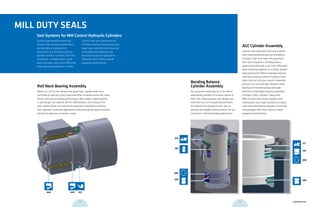 440 440 421
System Seals develops entire seal
systems that maximize performance
and reliability in complex mill
equipment such as bending balance
cylinders and AGC cylinders. Each seal
component, including wipers, guide
bands and seals, work more effectively
when operating together as a whole.
System Seals also customizes kits
for OEM as well as maintenance-and-
repair work using the most advanced
technology and analytical tools.
By analyzing specific applications,
engineers often improve overall
equipment performance.
Seal Systems for Mill Control Hydraulic Cylinders
Bending Balance
Cylinder Assembly
Our customers today rely on us for help in
redesigning cylinders to increase uptime in
their mills. Many previous seal designs are
tried and true, but through advancements
in materials and analytical tools, we can
develop new reliable sealing systems for our
customers’ most demanding applications.
324
109
890
208
cross-section of seal installation drawing icon
cross-section of seal installation drawing icon
cross-section of seal installation drawing icon
cross-section of seal installation drawing icon
317
190
280
890
cross-section of seal installation drawing icon
cross-section of seal installation drawing icon
cross-section of seal installation drawing icon
cross-section of seal installation drawing icon
MILL DUTY SEALS
AGC Cylinder Assembly
System Seals develops entire seal systems
that maximize performance and reliability
in today’s high-tech steel mill equipment.
Each seal component, including wipers,
guide bands and seals, work more effectively
when operating together as a whole. System
Seals works with OEMs to develop new and
innovative sealing systems to reduce costly
down time but still give smooth movement,
position accuracy and high reliability while
dealing with the demanding side loads
and short stroke/high frequency operation
of today’s HAGC cylinders. Along with
OEM, System Seals works together with
maintenance-and-repair facilities to analyze
used seals and develop upgrades to existing
seal packages that often improve overall
equipment performance.
Roll Neck Bearing Assembly
Water out, oil in is the name of the game here. System Seals has a
multitude of specialty rotary seals that offer increased service life, lower
friction and optimal sealing performance. With today’s advancements
in seal design, the need for off-the-shelf products are a thing of the
past. System Seals can improve the equipment reliability in working
with engineers, analyzing applications and providing the optimal sealing
solution to meet our customers’ needs.
12 13 systemseals.com
 