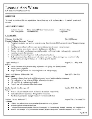 Page 1 of 2
LINDSEY ANN WOOD
E Mail: LAWood4320@Gmail.Com
OBJECTIVE
To obtain a position within an organization that will use my skills and experience for mutual growth and
success.
AREAS OF EXPERTISE
Customer Service Strong Oral and Written Communication Problem Solving
Time Management Team Orientated Responsible
EXPERIENCE
Citigroup, Getzville, NY May 2014-Present
Foreign Exchange Corporate Processor
 Promptly investigated and resolved issues involving the settlement of Citi’s corporate clients’ foreign exchange
trades
 Carefully reviewed and confirmed client payment instructions to ensure correct payment
 Handled multiple tasks at once with strict deadlines on a daily basis
 Worked with clients to reduce currency risk by quickly confirming foreign exchange trades and promptly
escalating issues to the sales team
 Generated and monitored reports to track confirmation timeliness
 Built and maintained excellent rapport with clients and traders to form a stronger and more trustworthy
foundation thus growing the business in a positive upwards direction
Tappo, Buffalo, NY August 2013 – May 2014
Server
 Ensure customers have pleasant dining experience with quality and friendly service.
 Process guests’ payments.
 Proper knowledge of wine and food, using sales skills for upcharging
Wood Hood Cleaning, Williamsville, NY June 2007 – May 2014
Hood cleaner
 Degrease exhausts,fans,hoods, and filters to ensure proper health codes for restaurants.
 Full explanation of and write up of billing information to clients.
 Lift over 50lbs in equipment and supplies.
 Properly and safely dispose of harsh chemicals.
Gordon Biersch, Cheektowaga,NY October 2011 - May 2013
Server
 Worked with coworkers to ensure proper food distribution for recipients.
 Kept and maintained cleanliness throughout the restaurant.
 Resolved any complaints promptly to ensure customer satisfaction.
Sapienza Electric, Amherst,NY August 2009 - December 2011
Assistant
 Ordered and delivered electrical parts for clients and electrical job sites.
 Managed payroll and client payments.
 Communicated and paid multiple insurance companies for firm including; liability, disability and compensation.
 Worked with multiple local governments and filed proper work permits to ensure compliance to local laws.
 