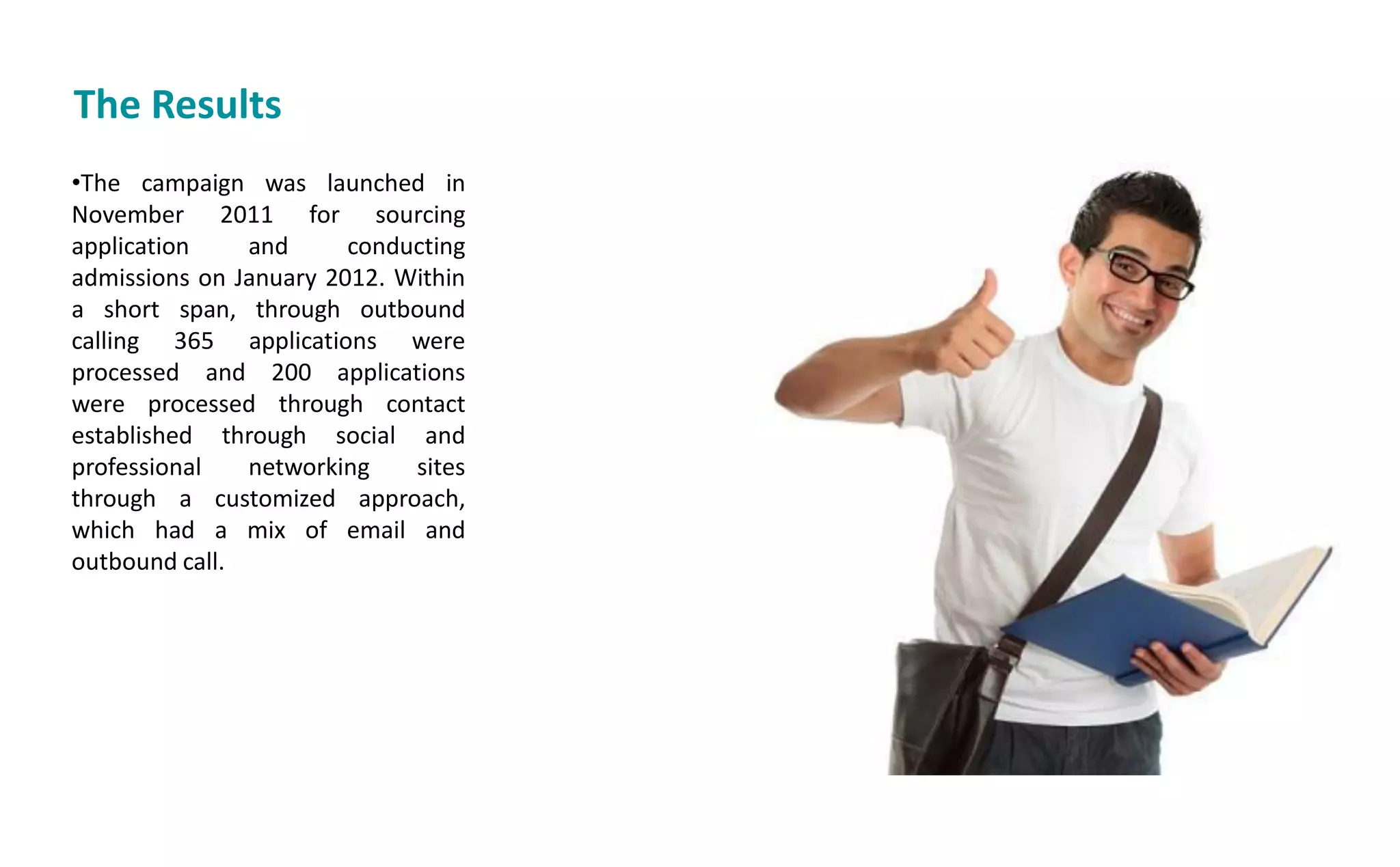 The Results
•The campaign was launched in
November 2011 for sourcing
application and conducting
admissions on January 2012. Within
a short span, through outbound
calling 365 applications were
processed and 200 applications
were processed through contact
established through social and
professional networking sites
through a customized approach,
which had a mix of email and
outbound call.
 