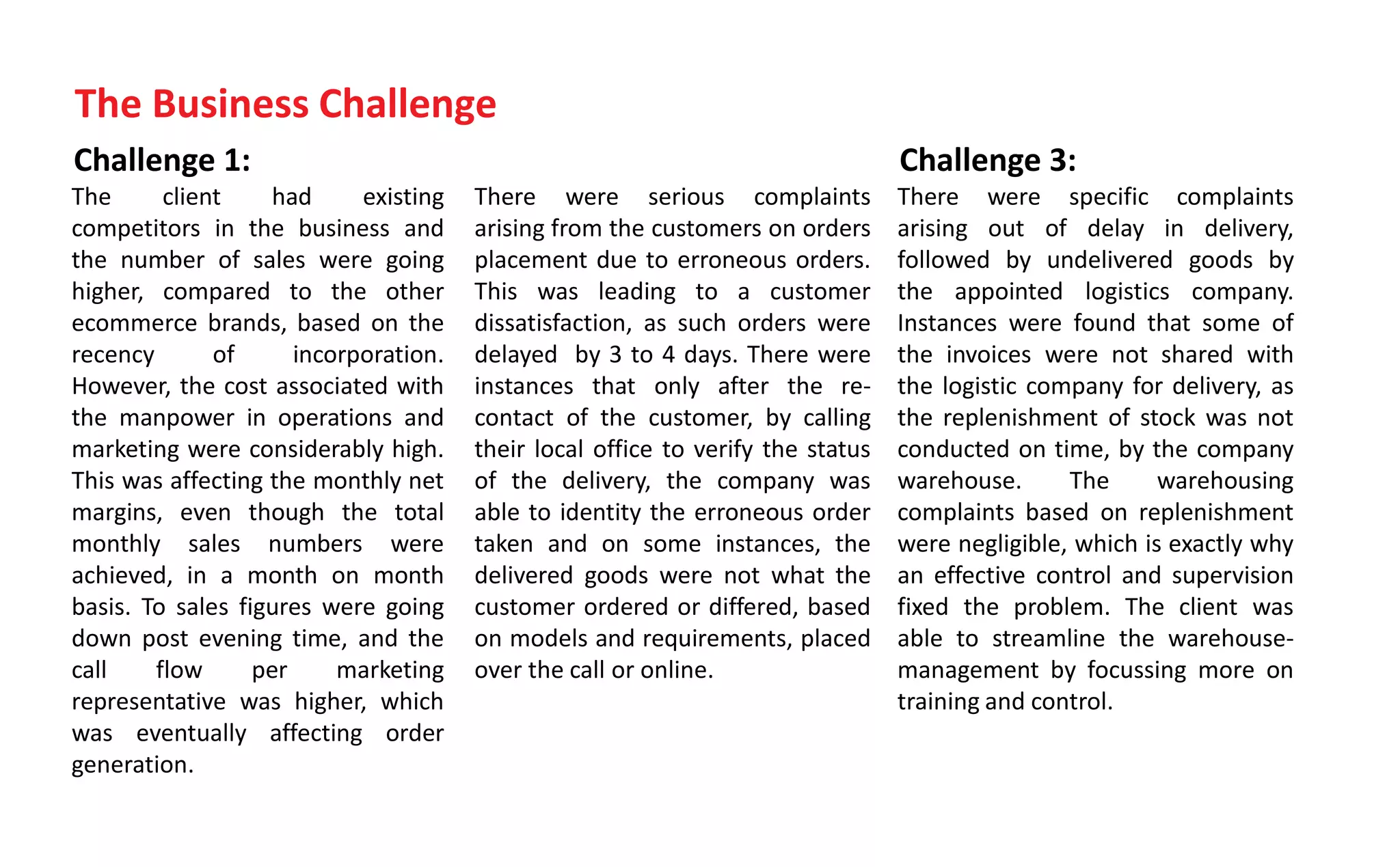 Challenge 1:
The client had existing
competitors in the business and
the number of sales were going
higher, compared to the other
ecommerce brands, based on the
recency of incorporation.
However, the cost associated with
the manpower in operations and
marketing were considerably high.
This was affecting the monthly net
margins, even though the total
monthly sales numbers were
achieved, in a month on month
basis. To sales figures were going
down post evening time, and the
call flow per marketing
representative was higher, which
was eventually affecting order
generation.
There were serious complaints
arising from the customers on orders
placement due to erroneous orders.
This was leading to a customer
dissatisfaction, as such orders were
delayed by 3 to 4 days. There were
instances that only after the re-
contact of the customer, by calling
their local office to verify the status
of the delivery, the company was
able to identity the erroneous order
taken and on some instances, the
delivered goods were not what the
customer ordered or differed, based
on models and requirements, placed
over the call or online.
The Business Challenge
Challenge 3:
There were specific complaints
arising out of delay in delivery,
followed by undelivered goods by
the appointed logistics company.
Instances were found that some of
the invoices were not shared with
the logistic company for delivery, as
the replenishment of stock was not
conducted on time, by the company
warehouse. The warehousing
complaints based on replenishment
were negligible, which is exactly why
an effective control and supervision
fixed the problem. The client was
able to streamline the warehouse-
management by focussing more on
training and control.
 
