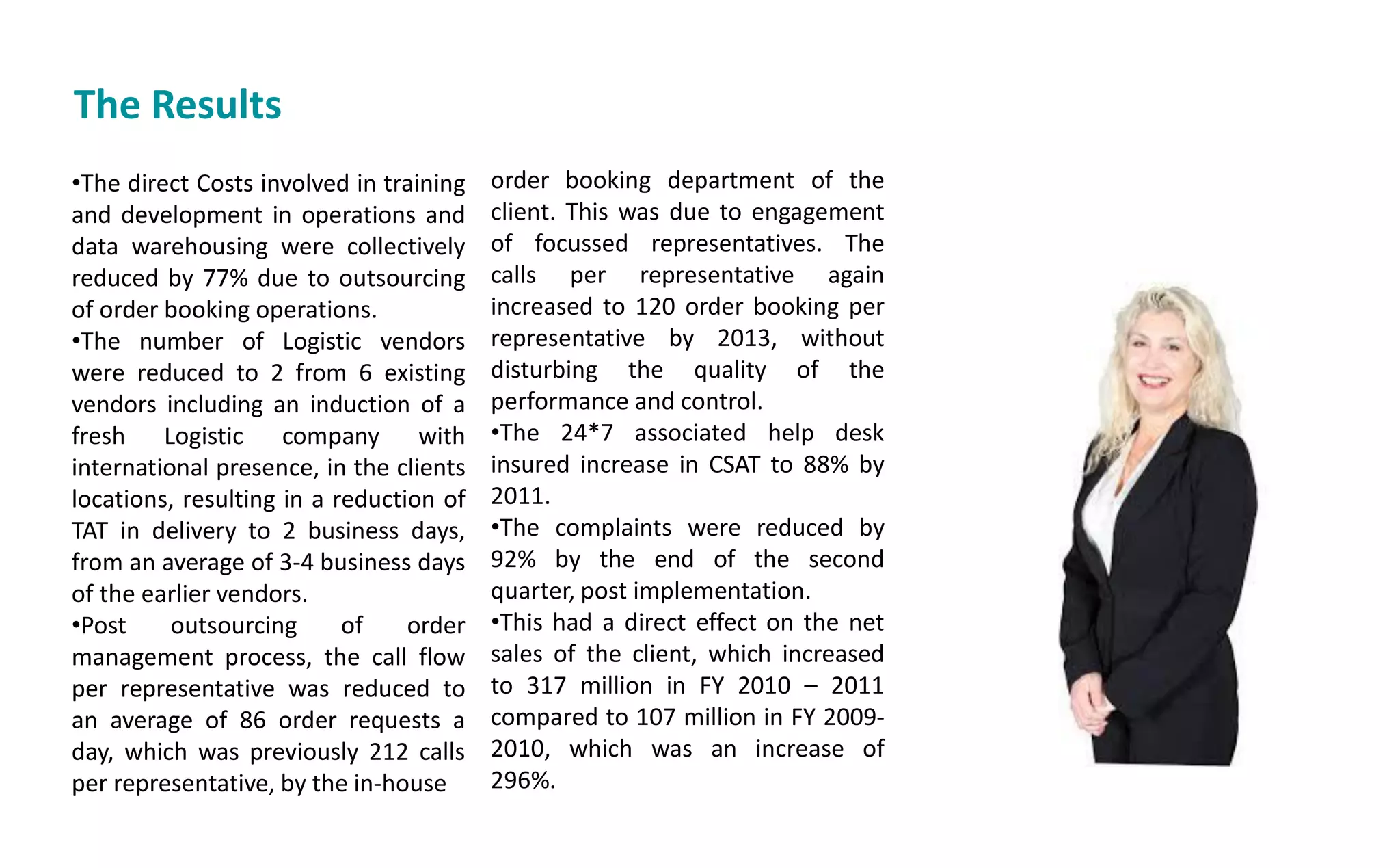 The Results
•The direct Costs involved in training
and development in operations and
data warehousing were collectively
reduced by 77% due to outsourcing
of order booking operations.
•The number of Logistic vendors
were reduced to 2 from 6 existing
vendors including an induction of a
fresh Logistic company with
international presence, in the clients
locations, resulting in a reduction of
TAT in delivery to 2 business days,
from an average of 3-4 business days
of the earlier vendors.
•Post outsourcing of order
management process, the call flow
per representative was reduced to
an average of 86 order requests a
day, which was previously 212 calls
per representative, by the in-house
order booking department of the
client. This was due to engagement
of focussed representatives. The
calls per representative again
increased to 120 order booking per
representative by 2013, without
disturbing the quality of the
performance and control.
•The 24*7 associated help desk
insured increase in CSAT to 88% by
2011.
•The complaints were reduced by
92% by the end of the second
quarter, post implementation.
•This had a direct effect on the net
sales of the client, which increased
to 317 million in FY 2010 – 2011
compared to 107 million in FY 2009-
2010, which was an increase of
296%.
 