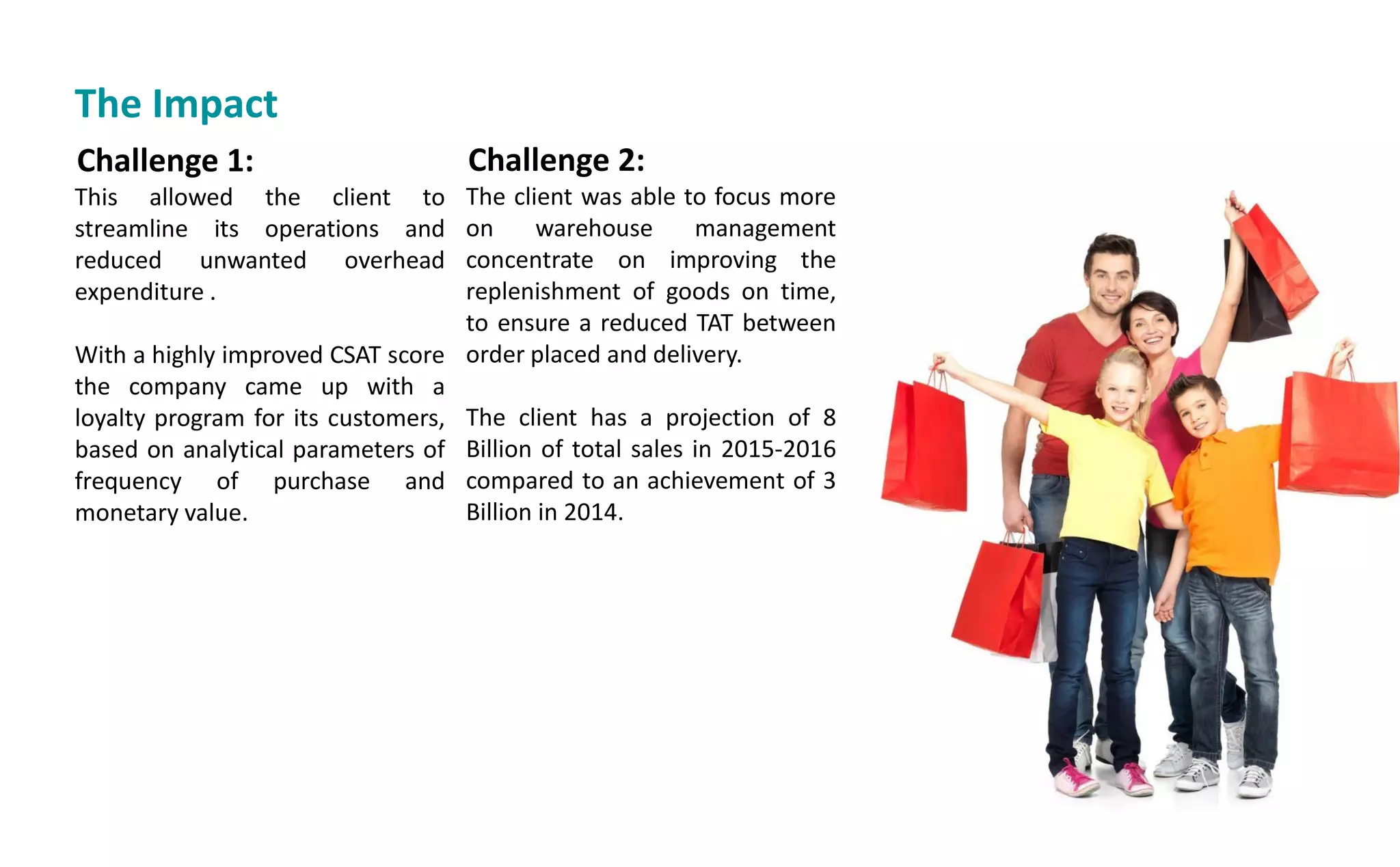 Challenge 1:
This allowed the client to
streamline its operations and
reduced unwanted overhead
expenditure .
With a highly improved CSAT score
the company came up with a
loyalty program for its customers,
based on analytical parameters of
frequency of purchase and
monetary value.
The Impact
Challenge 2:
The client was able to focus more
on warehouse management
concentrate on improving the
replenishment of goods on time,
to ensure a reduced TAT between
order placed and delivery.
The client has a projection of 8
Billion of total sales in 2015-2016
compared to an achievement of 3
Billion in 2014.
 