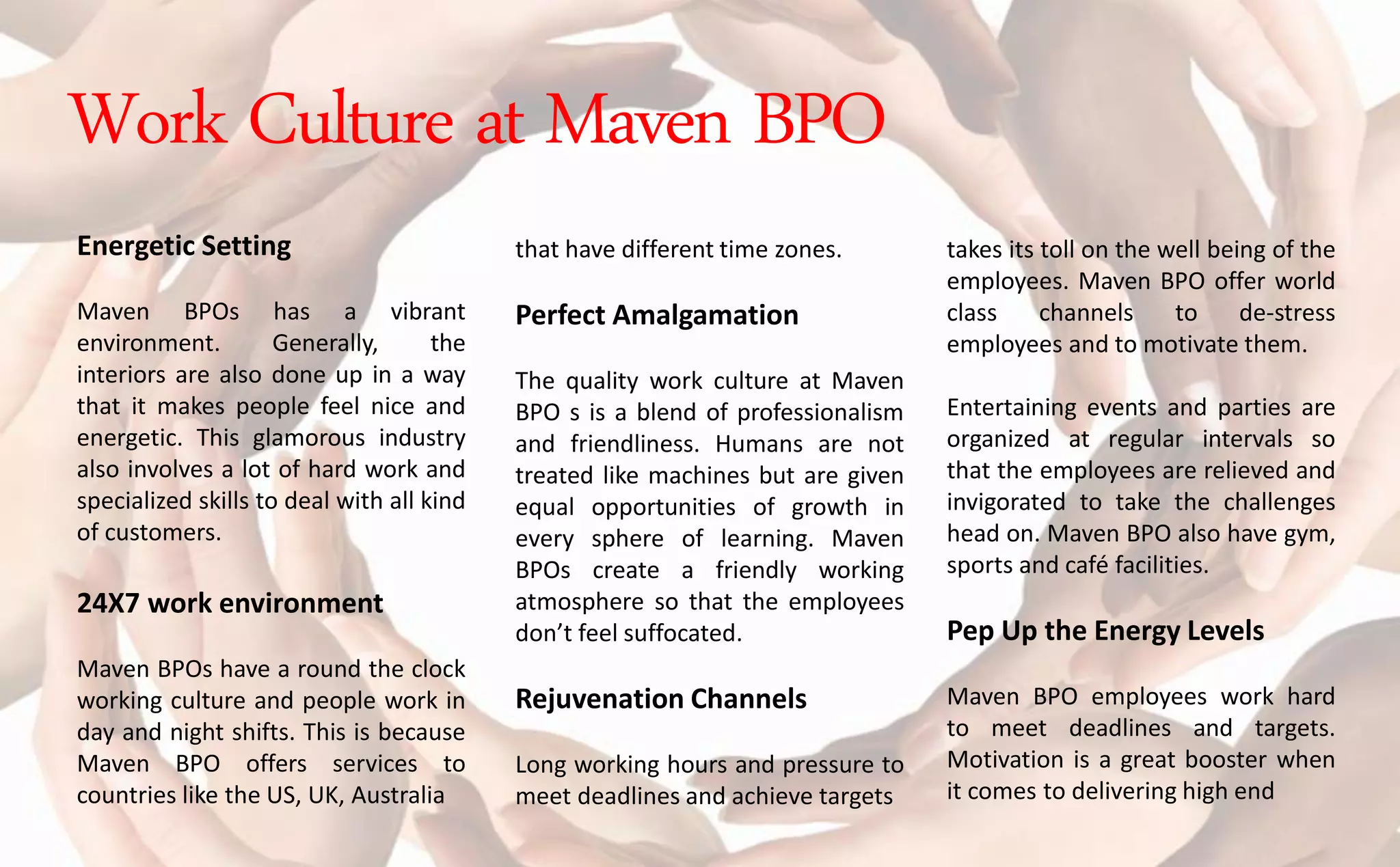Energetic Setting
Maven BPOs has a vibrant
environment. Generally, the
interiors are also done up in a way
that it makes people feel nice and
energetic. This glamorous industry
also involves a lot of hard work and
specialized skills to deal with all kind
of customers.
24X7 work environment
Maven BPOs have a round the clock
working culture and people work in
day and night shifts. This is because
Maven BPO offers services to
countries like the US, UK, Australia
that have different time zones.
Perfect Amalgamation
The quality work culture at Maven
BPO s is a blend of professionalism
and friendliness. Humans are not
treated like machines but are given
equal opportunities of growth in
every sphere of learning. Maven
BPOs create a friendly working
atmosphere so that the employees
do t feel suffocated.
Rejuvenation Channels
Long working hours and pressure to
meet deadlines and achieve targets
takes its toll on the well being of the
employees. Maven BPO offer world
class channels to de-stress
employees and to motivate them.
Entertaining events and parties are
organized at regular intervals so
that the employees are relieved and
invigorated to take the challenges
head on. Maven BPO also have gym,
sports and café facilities.
Pep Up the Energy Levels
Maven BPO employees work hard
to meet deadlines and targets.
Motivation is a great booster when
it comes to delivering high end
Work Culture at Maven BPO
 