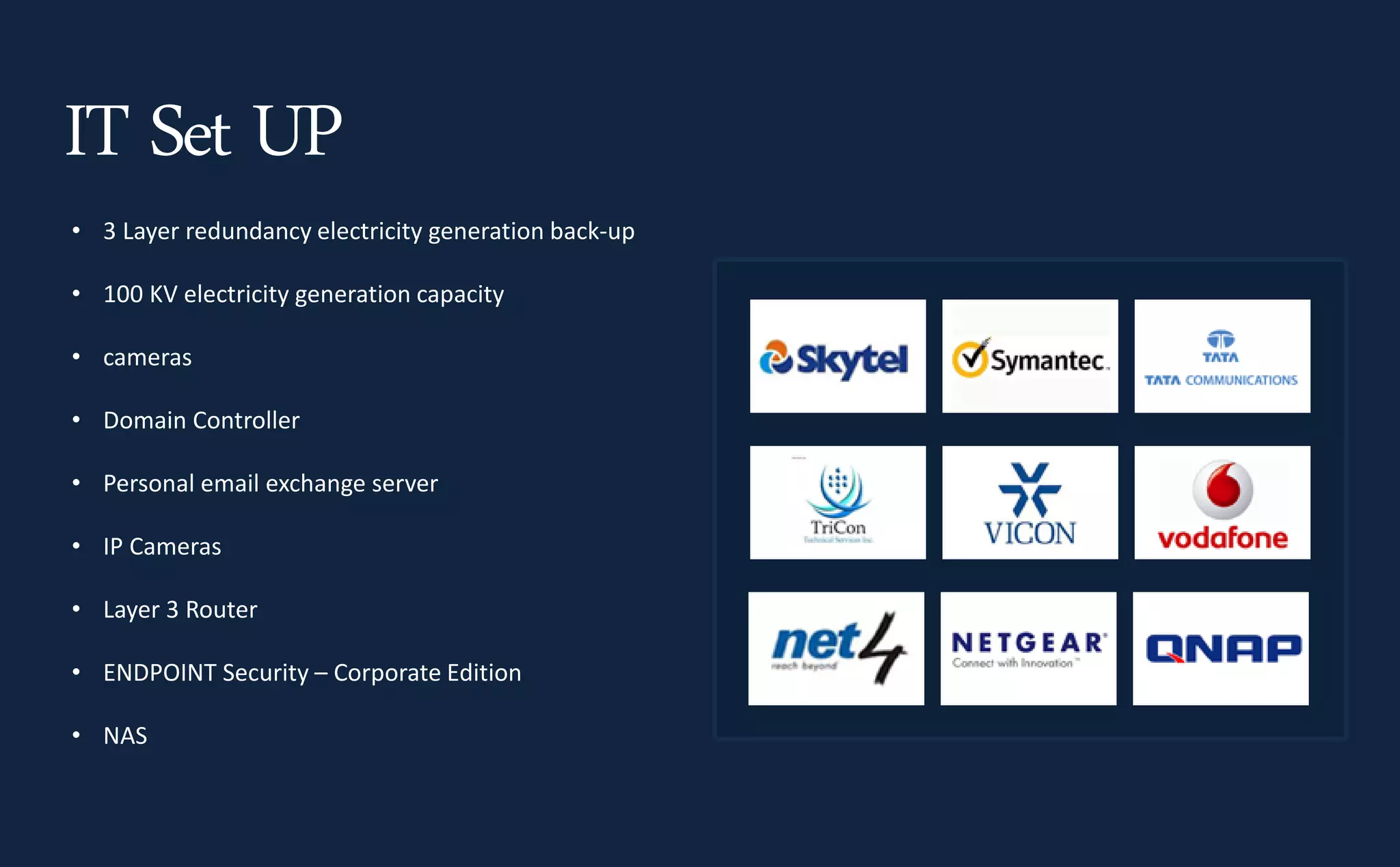 • 3 Layer redundancy electricity generation back-up
• 100 KV electricity generation capacity
• cameras
• Domain Controller
• Personal email exchange server
• IP Cameras
• Layer 3 Router
• ENDPOINT Security – Corporate Edition
• NAS
IT Set UP
 