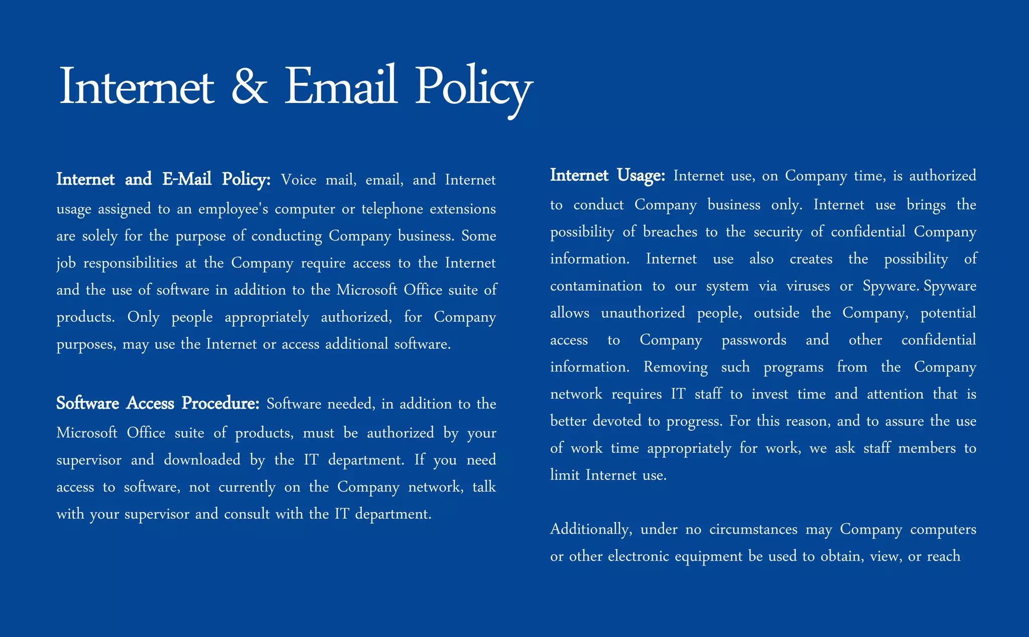 Internet and E-Mail Policy: Voice mail, email, and Internet
usage assigned to an employee's computer or telephone extensions
are solely for the purpose of conducting Company business. Some
job responsibilities at the Company require access to the Internet
and the use of software in addition to the Microsoft Office suite of
products. Only people appropriately authorized, for Company
purposes, may use the Internet or access additional software.
Software Access Procedure: Software needed, in addition to the
Microsoft Office suite of products, must be authorized by your
supervisor and downloaded by the IT department. If you need
access to software, not currently on the Company network, talk
with your supervisor and consult with the IT department.
Internet Usage: Internet use, on Company time, is authorized
to conduct Company business only. Internet use brings the
possibility of breaches to the security of confidential Company
information. Internet use also creates the possibility of
contamination to our system via viruses or Spyware..Spyware
allows unauthorized people, outside the Company, potential
access to Company passwords and other confidential
information. Removing such programs from the Company
network requires IT staff to invest time and attention that is
better devoted to progress. For this reason, and to assure the use
of work time appropriately for work, we ask staff members to
limit Internet use.
Additionally, under no circumstances may Company computers
or other electronic equipment be used to obtain, view, or reach
Internet & Email Policy
 