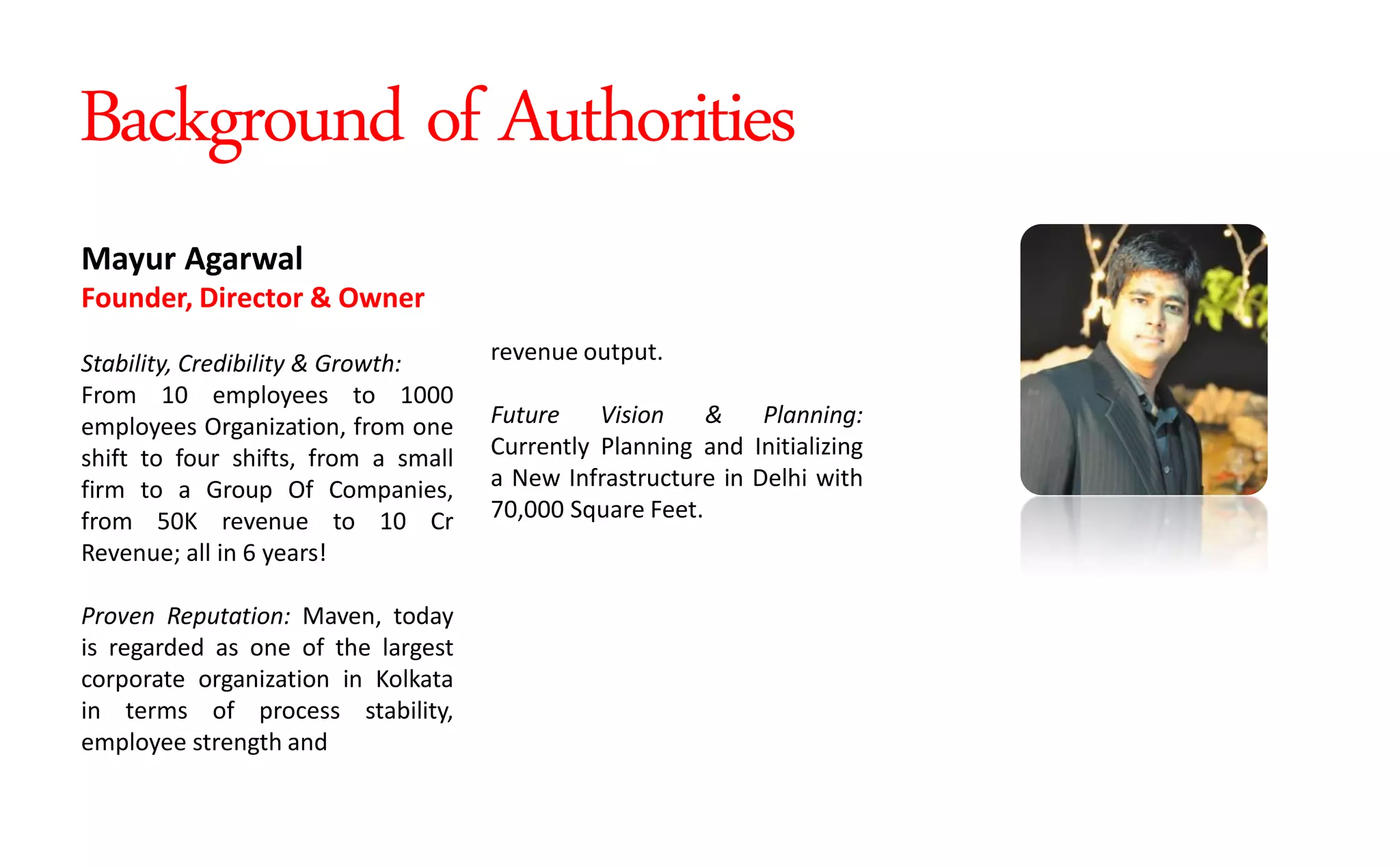 revenue output.
Future Vision & Planning:
Currently Planning and Initializing
a New Infrastructure in Delhi with
70,000 Square Feet.
Mayur Agarwal
Founder, Director & Owner
Stability, Credibility & Growth:
From 10 employees to 1000
employees Organization, from one
shift to four shifts, from a small
firm to a Group Of Companies,
from 50K revenue to 10 Cr
Revenue; all in 6 years!
Proven Reputation: Maven, today
is regarded as one of the largest
corporate organization in Kolkata
in terms of process stability,
employee strength and
Background of Authorities
 
