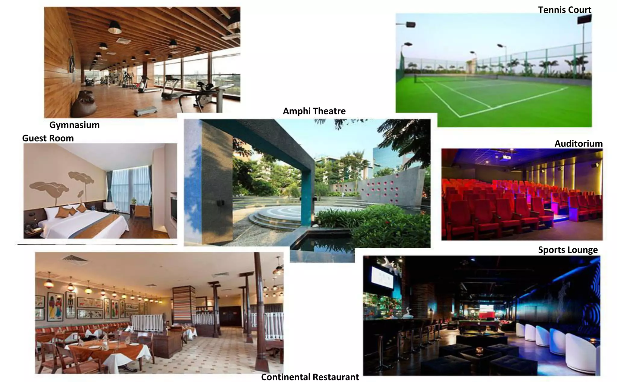 Gymnasium
Tennis Court
Guest Room
Auditorium
Amphi Theatre
Sports Lounge
Continental Restaurant
 
