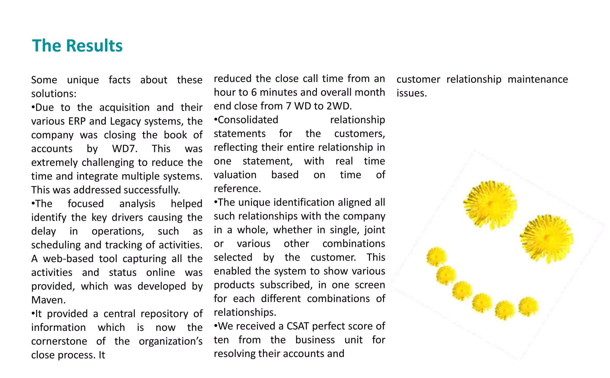 The Results
Some unique facts about these
solutions:
•Due to the acquisition and their
various ERP and Legacy systems, the
company was closing the book of
accounts by WD7. This was
extremely challenging to reduce the
time and integrate multiple systems.
This was addressed successfully.
•The focused analysis helped
identify the key drivers causing the
delay in operations, such as
scheduling and tracking of activities.
A web-based tool capturing all the
activities and status online was
provided, which was developed by
Maven.
•It provided a central repository of
information which is now the
cornerstone of the orga izatio s
close process. It
reduced the close call time from an
hour to 6 minutes and overall month
end close from 7 WD to 2WD.
•Consolidated relationship
statements for the customers,
reflecting their entire relationship in
one statement, with real time
valuation based on time of
reference.
•The unique identification aligned all
such relationships with the company
in a whole, whether in single, joint
or various other combinations
selected by the customer. This
enabled the system to show various
products subscribed, in one screen
for each different combinations of
relationships.
•We received a CSAT perfect score of
ten from the business unit for
resolving their accounts and
customer relationship maintenance
issues.
 