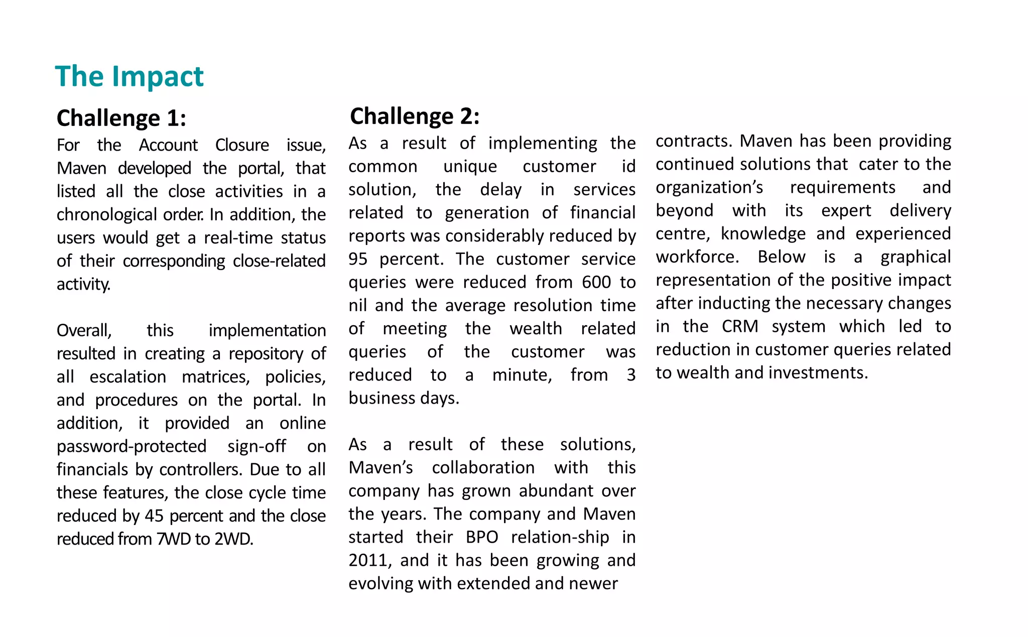 Challenge 1:
For the Account Closure issue,
Maven developed the portal, that
listed all the close activities in a
chronological order. In addition, the
users would get a real-time status
of their corresponding close-related
activity.
Overall, this implementation
resulted in creating a repository of
all escalation matrices, policies,
and procedures on the portal. In
addition, it provided an online
password-protected sign-off on
financials by controllers. Due to all
these features, the close cycle time
reduced by 45 percent and the close
reducedfrom 7WD to 2WD.
Challenge 2:
As a result of implementing the
common unique customer id
solution, the delay in services
related to generation of financial
reports was considerably reduced by
95 percent. The customer service
queries were reduced from 600 to
nil and the average resolution time
of meeting the wealth related
queries of the customer was
reduced to a minute, from 3
business days.
As a result of these solutions,
Ma e s collaboration with this
company has grown abundant over
the years. The company and Maven
started their BPO relation-ship in
2011, and it has been growing and
evolving with extended and newer
contracts. Maven has been providing
continued solutions that cater to the
orga izatio s requirements and
beyond with its expert delivery
centre, knowledge and experienced
workforce. Below is a graphical
representation of the positive impact
after inducting the necessary changes
in the CRM system which led to
reduction in customer queries related
to wealth and investments.
The Impact
 