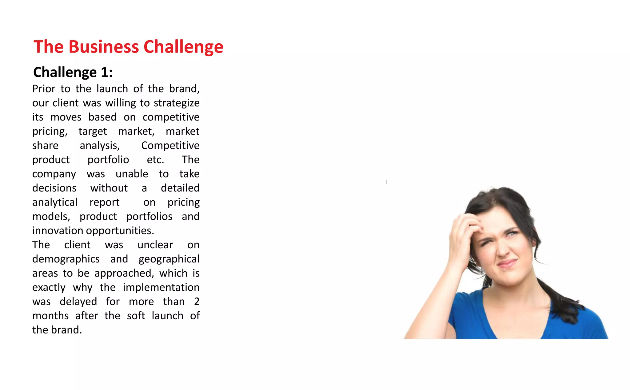 Challenge 1:
Prior to the launch of the brand,
our client was willing to strategize
its moves based on competitive
pricing, target market, market
share analysis, Competitive
product portfolio etc. The
company was unable to take
decisions without a detailed
analytical report on pricing
models, product portfolios and
innovation opportunities.
The client was unclear on
demographics and geographical
areas to be approached, which is
exactly why the implementation
was delayed for more than 2
months after the soft launch of
the brand.
The Business Challenge
 