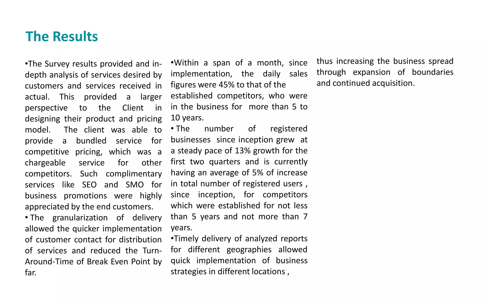The Results
•The Survey results provided and in-
depth analysis of services desired by
customers and services received in
actual. This provided a larger
perspective to the Client in
designing their product and pricing
model. The client was able to
provide a bundled service for
competitive pricing, which was a
chargeable service for other
competitors. Such complimentary
services like SEO and SMO for
business promotions were highly
appreciated by the end customers.
• The granularization of delivery
allowed the quicker implementation
of customer contact for distribution
of services and reduced the Turn-
Around-Time of Break Even Point by
far.
•Within a span of a month, since
implementation, the daily sales
figures were 45% to that of the
established competitors, who were
in the business for more than 5 to
10 years.
• The number of registered
businesses since inception grew at
a steady pace of 13% growth for the
first two quarters and is currently
having an average of 5% of increase
in total number of registered users ,
since inception, for competitors
which were established for not less
than 5 years and not more than 7
years.
•Timely delivery of analyzed reports
for different geographies allowed
quick implementation of business
strategies in different locations ,
thus increasing the business spread
through expansion of boundaries
and continued acquisition.
 