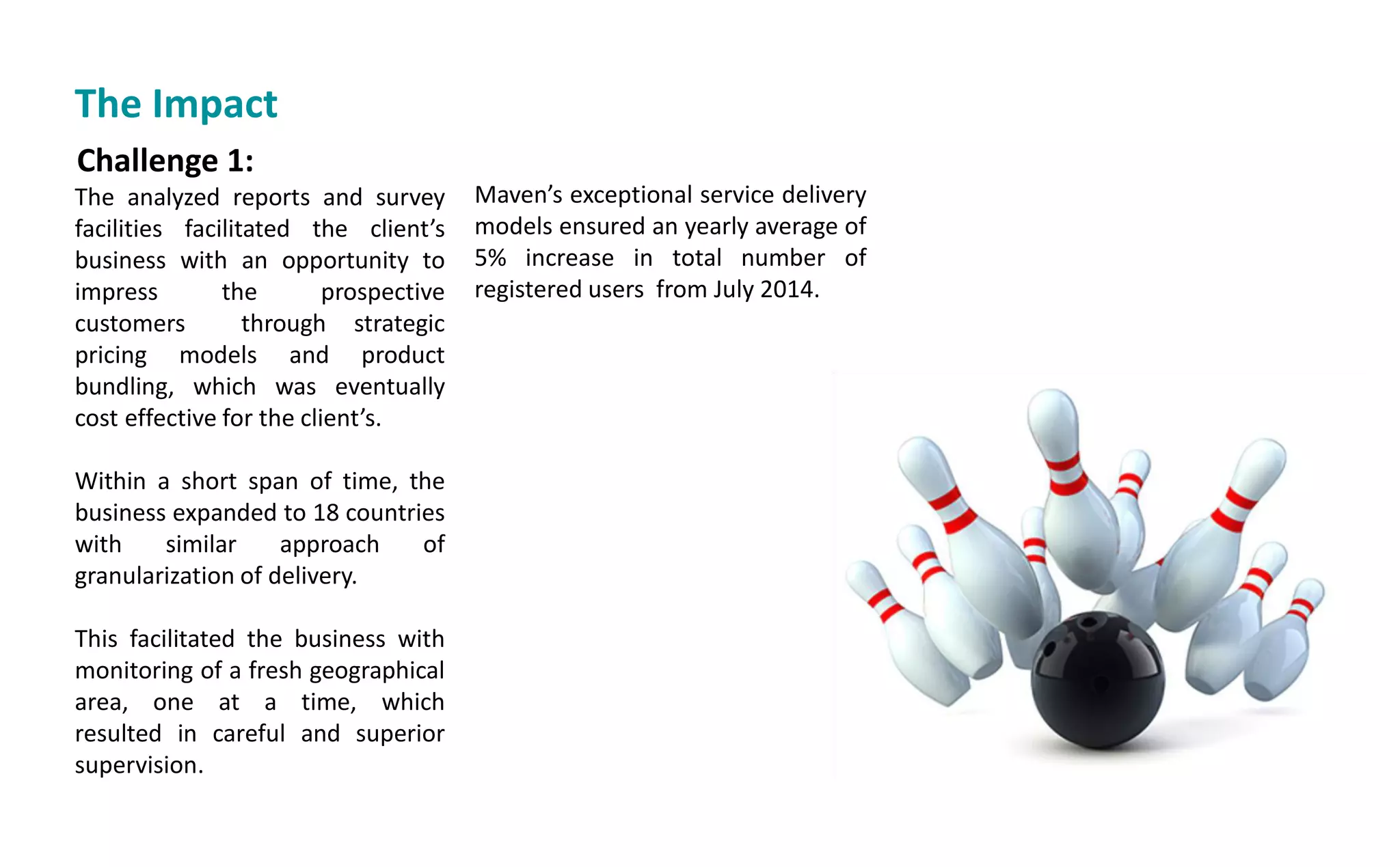 Challenge 1:
The analyzed reports and survey
facilities facilitated the lie t s
business with an opportunity to
impress the prospective
customers through strategic
pricing models and product
bundling, which was eventually
cost effective for the lie t s.
Within a short span of time, the
business expanded to 18 countries
with similar approach of
granularization of delivery.
This facilitated the business with
monitoring of a fresh geographical
area, one at a time, which
resulted in careful and superior
supervision.
Ma e s exceptional service delivery
models ensured an yearly average of
5% increase in total number of
registered users from July 2014.
The Impact
 