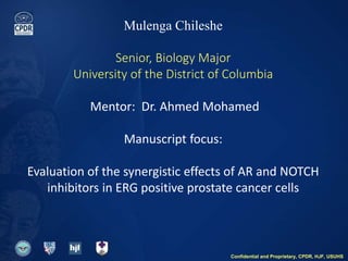 Mulenga Chileshe
Senior, Biology Major
University of the District of Columbia
Mentor: Dr. Ahmed Mohamed
Manuscript focus:
Evaluation of the synergistic effects of AR and NOTCH
inhibitors in ERG positive prostate cancer cells
Confidential and Proprietary, CPDR, HJF, USUHS
 