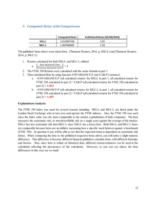 12
5. Computed Betas with Comparisons
The published betas above were taken from: (Thomson Reuters,2014, p. IHG.L) and (Thomson Reuters,
2014, p. MLC.L)
1. Returns calculated for both IHG.L and MLC.L utilized:
a. [
𝑁𝑒𝑤 𝐴𝑑𝑗𝑢𝑠𝑡𝑒𝑑 𝐶𝑙𝑜𝑠𝑒
𝑃𝑟𝑒𝑣𝑖𝑜𝑢𝑠 𝐴𝑑𝑗𝑢𝑠𝑡𝑒𝑑 𝐶𝑙𝑜𝑠𝑒
] − 1
2. The FTSE 350 Returns were calculated with the same formula in part 1.
3. Then calculated Beta by using function COVARIANCE.P and VAR.P (variance)
a. =COVARIANCE.P (all calculated returns for IHG.L in part 1, all calculated returns for
FTSE 350 calculated in part 2) / VAR.P (all calculated returns for FTSE 350 calculated in
part 2) = 1.013
b. =COVARIANCE.P (all calculated returns for MLC.L in part 1, all calculated returns for
FTSE 350 calculated in part 2) / VAR.P (all calculated returns for FTSE 350 calculated in
part 2) = 1.487
Explanations/Analysis:
The FTSE 350 Index was used for several reasons including: IHG.L and MLC.L are listed under the
London Stock Exchange who in turn own and operate the FTSE indexes. Also, the FTSE 350 was used
since the index value was the most comparable to the market capitalization of both companies. The beta
measures the systematic risk, or non-diversifiable risk on a single asset against the average of the market.
IHG.L has less systematic risk than MLC.L since IHG.L has a lower beta. Both IHG.L and MLC.L betas
are comparable because betas are an additive measuring how a specific stock behaves against a benchmark
(FTSE 350). In question 6 you will be able to see that the expected return is dependent on systematic risk
(beta). When comparing the beta to the published respective betas above, you will notice a slight numeric
difference. This difference is because different financial publishers calculate betas with different formulae
and factors. Also, since beta is reliant on historical data, different returns/estimates can be used in the
calculation affecting the preciseness of the calculation. However, as you can see above, the beta
differences in this case are so small.
 