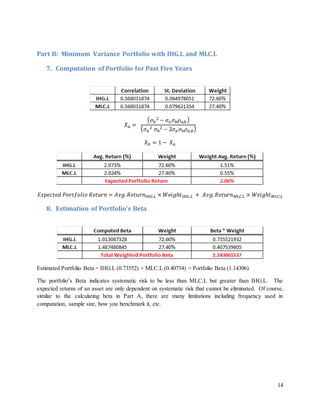 14
Part B: Minimum Variance Portfolio with IHG.L and MLC.L
7. Computation of Portfolio for Past Five Years
𝑋 𝑎 =
( 𝜎 𝑏
2 − 𝜎 𝑎 𝜎 𝑏 𝜌 𝑎,𝑏)
( 𝜎 𝑎
2 𝜎 𝑏
2 − 2𝜎 𝑎 𝜎 𝑏 𝜌 𝑎,𝑏)
𝑋 𝑏 = 1 − 𝑋 𝑎
𝐸𝑥𝑝𝑒𝑐𝑡𝑒𝑑 𝑃𝑜𝑟𝑡𝑓𝑜𝑙𝑖𝑜 𝑅𝑒𝑡𝑢𝑟𝑛 = 𝐴𝑣𝑔. 𝑅𝑒𝑡𝑢𝑟𝑛𝐼𝐻𝐺.𝐿 × 𝑊𝑒𝑖𝑔ℎ𝑡𝐼𝐻𝐺.𝐿 + 𝐴𝑣𝑔. 𝑅𝑒𝑡𝑢𝑟𝑛 𝑀𝐿𝐶.𝐿 × 𝑊𝑒𝑖𝑔ℎ𝑡 𝑀𝐿𝐶.𝐿
8. Estimation of Portfolio’s Beta
Estimated Portfolio Beta = IHG.L (0.73552) + MLC.L (0.40754) = Portfolio Beta (1.14306)
The portfolio’s Beta indicates systematic risk to be less than MLC.L but greater than IHG.L. The
expected returns of an asset are only dependent on systematic risk that cannot be eliminated. Of course,
similar to the calculating beta in Part A, there are many limitations including frequency used in
computation, sample size, how you benchmark it, etc.
 
