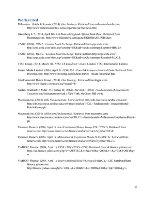 17
Works Cited
Millennium Hotels & Resorts. (2014). Our Business.Retrieved from millenniumhotels.com:
http://www.millenniumhotels.com/corporate/our-business.html
Bloomberg L.P. (2014, April 10). UK Bank of England Official Bank Rate . Retrieved from
bloomberg.com: http://www.bloomberg.com/quote/UKBRBASE:IND/chart
CNBC. (2014). IHG.L : London Stock Exchange.Retrieved from apps.cnbc.com:
http://apps.cnbc.com/view.asp?country=US&uid=stocks/summary&symbol=IHG.L#
CNBC. (2014). MLC.L : London Stock Exchange.Retrieved from http://apps.cnbc.com/:
http://apps.cnbc.com/view.asp?country=US&uid=stocks/summary&symbol=MLC.L
FTSE Group. (2014, March 31). FTSE UK Dividend+ Index. London: FTSE International Limited.
Fusion Media Limited. (2014, April 1). FTSE 350 - Travel & Leisure Historical Data. Retrieved from
investing.com: http://www.investing.com/indices/travel---leisure-historical-data
InterConinental Hotels Group. (2014). Our Strategy. Retrieved from ihgplc.com:
http://www.ihgplc.com/index.asp?pageid=43
Jordan, Bradford D; Miller Jr, Thomas W; Dolvin, Steven D. (2012). Fundamentalsof Investments
Valuation and Management (6 ed.). New York:McGraw-Hill Irwin.
Macroaxis Inc. (2014). IHG Fundamentals. Retrieved from http://cdn.macroaxis.netdna-cdn.com/:
http://cdn.macroaxis.netdna-cdn.com/invest/market/IHG.L--fundamentals--Intercontinental-
Hotels-Group-plc
Macroaxis Inc. (2014). MilleniumFindamentals.Retrieved from macroaxis.com:
http://www.macroaxis.com/invest/market/MLC.L--fundamentals--Millennium-Copthorne-Hotels-
plc
Thomson Reuters. (2014, April 1). InterContinental Hotels Group PLC (IHG.L).Retrieved from
reuters.com: http://www.reuters.com/finance/stocks/overview?symbol=IHG.L
Thomson Reuters. (2014, April 1). Millennium& Copthorne Hotels PLC (MLC.L). Retrieved from
reuters.com: http://www.reuters.com/finance/stocks/overview?symbol=MLC.L
YAHOO! Finance. (2014, April 1). FTSE 350 (^FTLC) -FTSE. Retrieved from uk.finance.yahoo.com:
https://uk.finance.yahoo.com/q/hp?s=%5EFTLC&b=1&a=03&c=2009&e=1&d=03&f=2014&g=
m
YAHOO! Finance. (2014, April 1). Intercontinental Hotels Group plc (IHG.L) -LSE.Retrieved from
finance.yahoo.com:
http://finance.yahoo.com/q/hp?s=IHG.L&a=00&b=1&c=2009&d=03&e=1&f=2014&g=v
 