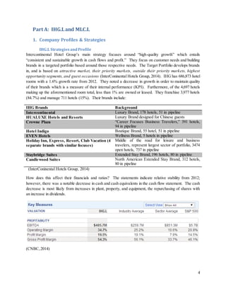 4
Part A: IHG.Land MLC.L
1. Company Profiles & Strategies
IHG.L Strategies andProfile
Intercontinental Hotel Group’s main strategy focuses around “high-quality growth” which entails
“consistent and sustainable growth in cash flows and profit.” They focus on customer needs and building
brands in a targeted portfolio based around those respective needs. The Target Portfolio develops brands
in, and is based on attractive market, their priority markets, outside their priority markets, highest
opportunity segments, and guest occasions (InterConinental Hotels Group, 2014). IHG has 686,873 hotel
rooms with a 1.6% growth rate from 2012. They noted a decrease in growth in order to maintain quality
of their brands which is a measure of their internal performance (KPI). Furthermore, of the 4,697 hotels
making up the aforementioned room total, less than 1% are owned or leased. They franchise 3,977 hotels
(84.7%) and manage 711 hotels (15%). Their brands include:
IHG Brands Background
Intercontinental Luxury Brand, 178 hotels, 51 in pipeline
HUALUXE Hotels and Resorts Luxury Brand designed for Chinese guests
Crowne Plaza “Career Focuses Business Travelers,” 391 hotels,
94 in pipeline
Hotel Indigo Boutique Brand, 55 hotel, 51 in pipeline
EVEN Hotels Wellness Brand, 5 hotels in pipeline
Holiday Inn, Express, Resort, Club Vacation (4
separate brands with similar focuses)
Middle of the road for leisure and business
travelers, represent largest sector of portfolio, 3474
open hotels, 737 in pipeline
Staybridge Suites Extended Stay Brand, 196 hotels, 80 in pipeline
Candlewood Suites North American Extended Stay Brand, 312 hotels,
80 in pipeline
(InterConinental Hotels Group, 2014)
How does this affect their financials and ratios? The statements indicate relative stability from 2012;
however, there was a notable decrease in cash and cash equivalents in the cash flow statement. The cash
decrease is most likely from increases in plant, property, and equipment, the repurchasing of shares with
an increase in dividends.
(CNBC,2014)
 