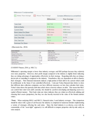 6
(Macroaxis Inc., 2014)
(YAHOO! Finance,2014, p. MLC.L)
Millennium’s operating margin is lower than industry averages and IHG perhaps because they relatively
own more properties. However, their profit margin compared to the industry is slightly better indicating
they are taking advantage of opportunities effectively via their strategy. Regarding debt, they are doing a
decent job at controlling it compared to the industry. Nonetheless, they are dependent on debt to finance
their strategies. Their financial statements indicate a high portion of their debt to be current which could
be problematic in the future if not controlled effectively. I also put Yahoo financial data below to show
that different data collection companies can have different measures on how they calculate their ratios.
Yahoo’s data shows the quarterly debt data which shows a heavier reliance on debt. This means that MLC
can control their short term debt currently, but should be careful in developing and disposing assets in a
capital efficient manner. Their book value per share indicates they are reliant on effectively utilizing and
choosing their assets (properties), but they are also heavily invested in the value of the brands (market
value).
*Note: When analyzing IHG.L and MLC.L financial ratios, I used industry averages. This comparison
should be taken with a grain of salt because the industry is comprised of numerous hoteliers implementing
a variety of strategies affecting the said ratios. Since the hotel industry is so diverse, even with the
commonality of the “asset-light” approach, it is still difficult to compare properties side-by-side solely on
ratio analysis.
 