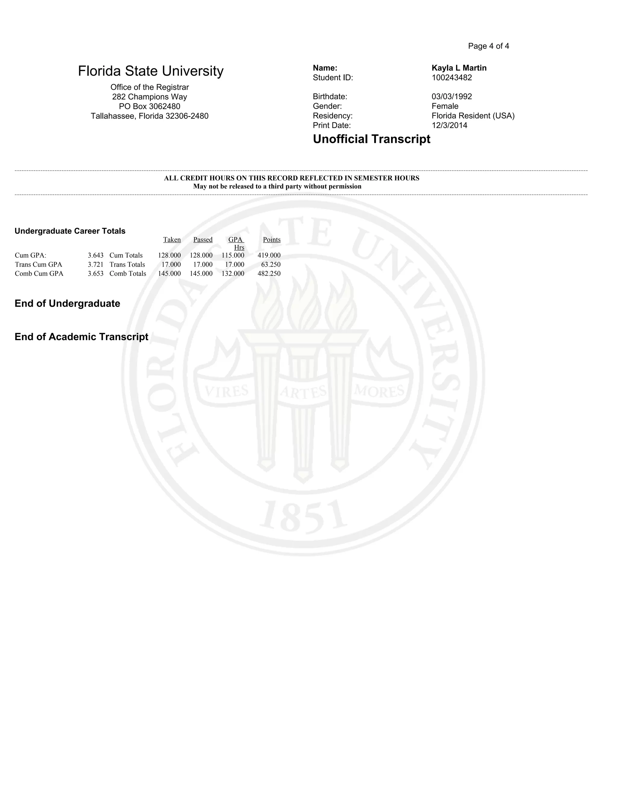 Page 4 of 4
Florida State University Name: Kayla L Martin
Student ID: 100243482
Office of the Registrar
282 Champions Way Birthdate: 03/03/1992
PO Box 3062480 Gender: Female
Tallahassee, Florida 32306-2480 Residency: Florida Resident (USA)
Print Date: 12/3/2014
Unofficial Transcript
----------------------------------------------------------------------------------------------------------------------------------------------------------------------------------------------------------------------------------------------------
ALL CREDIT HOURS ON THIS RECORD REFLECTED IN SEMESTER HOURS
May not be released to a third party without permission
----------------------------------------------------------------------------------------------------------------------------------------------------------------------------------------------------------------------------------------------------
Undergraduate Career Totals
Taken Passed GPA
Hrs
Points
Cum GPA: 3.643 Cum Totals 128.000 128.000 115.000 419.000
Trans Cum GPA 3.721 Trans Totals 17.000 17.000 17.000 63.250
Comb Cum GPA 3.653 Comb Totals 145.000 145.000 132.000 482.250
End of Undergraduate
End of Academic Transcript
 