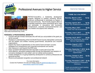Professional Avenues to Higher Service
PATHS Forward® is a leadership development
program designed to prepare promising African-
American professionals to participate as leaders in
the local community. This 9-month program offers an
invaluable experience where participants get to meet
and participate in discussions with successful
entrepreneurs, corporate businessmen/women and
civic leaders and expand their networks.
PERSONAL & PROFESSIONAL BENEFITS
• Connect with like-minded individuals who will hold you accountable to the goals you
set for yourself
• Develop an understanding of the Fort Worth/Tarrant County metropolitan community
and the leaders and entities including governmental, educational and nonprofit
organizations.
• Explore the impact of globalization on the world of work and learn success
strategies from entrepreneurs and corporate businessmen and women.
• Gain exposure in and beyond the DFW area
• Enjoy increased self-awareness that resonates in every part of your life
• Hone effective, persuasive speaking skills through the exploration and adoption of
innovative strategies for oral, written, and non-verbal communications.
• Create strategies for on-going leadership development to achieve professional and
personal success
• Receive post graduate recognition and professional network
For more information:
Contact the Facilitators Tia Cole and Ashley Casey at pathsforward@gmail.com
www.fwmbcc.org/PATHS-Forward
THEME: Be in the KNOW!!
Saturday, March 4, 2017 9a-5p
Know Yourself
Thursday, April 6, 2017 6p-9p
Know Your Audience & the Chamber
Thursday, May 4, 2017 6p-9p
Know Your City & Government
Thursday, June 1, 2017 6p-9p
Know Your Community-Education
Thursday July 6, 2017** 6p-9p
Know Your Community- Non-Profit
Service Organizations
Thursday, August 3, 2017 6p-9p
Know Business
Thursday, September 7, 2016 6p-9p
Know Your Predecessors &
Opportunities
Thursday, October 5, 2017 6p-9p
Know Your Future
Thursday, November 2, 2017 6p-9p
Final Presentations & Graduation
Ceremony
*meals are provided at each meeting
**may change for holiday
TENTATIVE TIMELINE
Figure 1: PATHS Forward Class of 2015 with Rep.
Nicole Collier & Commissioner Roy C. Brooks
 