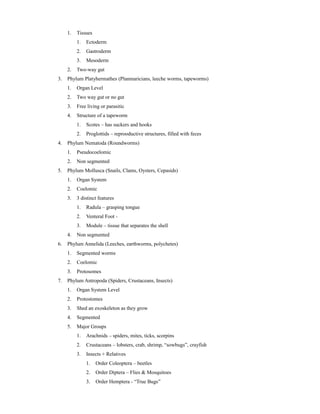1. Tissues
1. Ectoderm
2. Gastroderm
3. Mesoderm
2. Two-way gut
3. Phylum Platyhermathes (Planmaricians, leeche worms, tapeworms)
1. Organ Level
2. Two way gut or no gut
3. Free living or parasitic
4. Structure of a tapeworm
1. Scotes – has suckers and hooks
2. Proglottids – reprooductive structures, filled with feces
4. Phylum Nematoda (Roundworms)
1. Pseudocoelomic
2. Non segmented
5. Phylum Mollusca (Snails, Clams, Oysters, Cepasids)
1. Organ System
2. Coelomic
3. 3 distinct features
1. Radula – grasping tongue
2. Venteral Foot -
3. Module – tissue that separates the shell
4. Non segmented
6. Phylum Annelida (Leeches, earthworms, polychetes)
1. Segmented worms
2. Coelomic
3. Protosomes
7. Phylum Antropoda (Spiders, Crustaceans, Insects)
1. Organ System Level
2. Protostomes
3. Shed an exoskeleton as they grow
4. Segmented
5. Major Groups
1. Arachnids – spiders, mites, ticks, scorpins
2. Crustaceans – lobsters, crab, shrimp, “sowbugs”, crayfish
3. Insects + Relatives
1. Order Coleoptera – beetles
2. Order Diptera – Flies & Mosquitoes
3. Order Hemptera - “True Bugs”
 