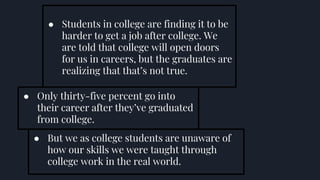 ● Students in college are finding it to be
harder to get a job after college. We
are told that college will open doors
for us in careers, but the graduates are
realizing that that’s not true.
● Only thirty-five percent go into
their career after they’ve graduated
from college.
● But we as college students are unaware of
how our skills we were taught through
college work in the real world.
 