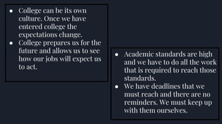 ● College can be its own
culture. Once we have
entered college the
expectations change.
● College prepares us for the
future and allows us to see
how our jobs will expect us
to act.
● Academic standards are high
and we have to do all the work
that is required to reach those
standards.
● We have deadlines that we
must reach and there are no
reminders. We must keep up
with them ourselves.
 