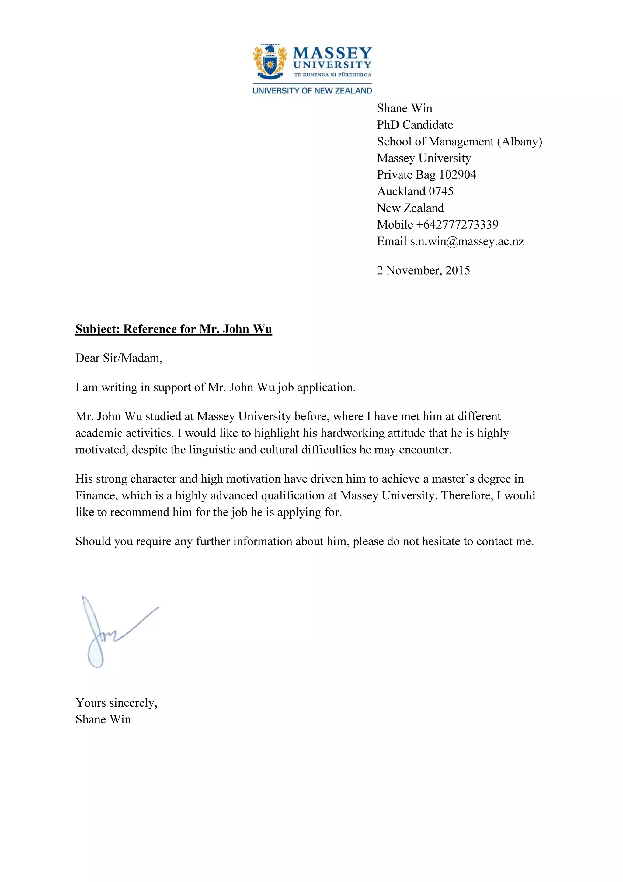 Shane Letter Reference from Shane | PDF