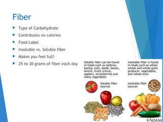 Fiber
 Type of Carbohydrate
 Contributes no calories
 Food Label
 Insoluble vs. Soluble fiber
 Makes you feel full!
 25 to 30 grams of fiber each day
 