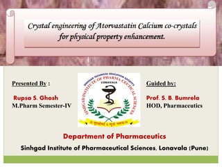 Presented By :
Rupsa S. Ghosh
M.Pharm Semester-IV
Guided by:
Prof. S. B. Bumrela
HOD, Pharmaceutics
Sinhgad Institute of Pharmaceutical Sciences, Lonavala (Pune)
Department of Pharmaceutics
 