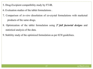 13 March 201517
5. Drug-Excipient compatibility study by FT-IR.
6. Evaluation studies of the tablet formulations .
7. Comparison of in-vitro dissolution of co-crystal formulations with marketed
products of the same drugs.
8. Optimization of the tablet formulation using 22 full factorial designs and
statistical analysis of the data.
9. Stability study of the optimized formulation as per ICH guidelines.
 