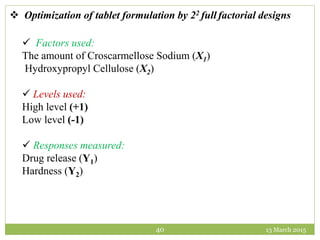13 March 201540
 Optimization of tablet formulation by 22 full factorial designs
 Factors used:
The amount of Croscarmellose Sodium (X1)
Hydroxypropyl Cellulose (X2)
 Levels used:
High level (+1)
Low level (-1)
 Responses measured:
Drug release (Y1)
Hardness (Y2)
 