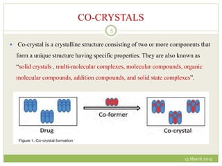 CO-CRYSTALS
 Co-crystal is a crystalline structure consisting of two or more components that
form a unique structure having specific properties. They are also known as
“solid crystals , multi-molecular complexes, molecular compounds, organic
molecular compounds, addition compounds, and solid state complexes”.
13 March 2015
5
 
