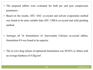 13 March 201559
 The prepared tablets were evaluated for both pre and post compression
parameters .
 Based on the results, ATC: SAC co-crystal and solvent evaporation method
was found to be more suitable than ATC: UREA co-crystal and solid grinding
method.
 Amongst all 16 formulations of Atorvastatin Calcium co-crystal tablets,
formulation F4 was found to be superior.
 The in-vitro drug release of optimized formulation was 98.03% in 30min with
an average hardness of 4.5kg/cm2.
 