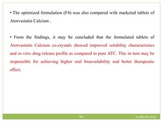 13 March 201560
• The optimized formulation (F4) was also compared with marketed tablets of
Atorvastatin Calcium .
• From the findings, it may be concluded that the formulated tablets of
Atorvastatin Calcium co-crystals showed improved solubility characteristics
and in-vitro drug release profile as compared to pure ATC. This in turn may be
responsible for achieving higher oral bioavailability and better therapeutic
effect.
 