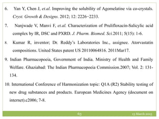 13 March 201563
6. Yan Y, Chen J, et.al. Improving the solubility of Agomelatine via co-crystals.
Cryst. Growth & Designs. 2012; 12: 2226−2233.
7. Nanjwade V, Manvi F, et.al. Characterization of Prulifloxacin-Salicylic acid
complex by IR, DSC and PXRD. J. Pharm. Biomed. Sci.2011; 5(15): 1-6.
8. Kumar R, inventor; Dr. Reddy’s Laboratories Inc., assignee. Atorvastatin
compositions. United States patent US 20110064816. 2011Mar17.
9. Indian Pharmacopoeia, Government of India. Ministry of Health and Family
Welfare. Ghaziabad: The Indian Pharmacopoeia Commission.2007; Vol. 2: 131-
134.
10. International Conference of Harmonization topic: Q1A (R2) Stability testing of
new drug substances and products. European Medicines Agency (document on
internet).c2006; 7-8.
 