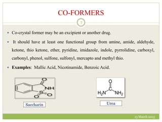 CO-FORMERS
13 March 2015
7
 Co-crystal former may be an excipient or another drug.
 It should have at least one functional group from amine, amide, aldehyde,
ketone, thio ketone, ether, pyridine, imidazole, indole, pyrrolidine, carboxyl,
carbonyl, phenol, sulfone, sulfonyl, mercapto and methyl thio.
 Examples: Mallic Acid, Nicotinamide, Benzoic Acid.
Saccharin Urea
 