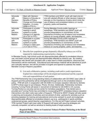 Attachment II: Application Template
Lead Agency: FL Dept. of Health in Manatee County Applicant Name: Maxine Lang County: Manatee
Advocate
with
Decision
Makers
Meet with Decision
Makers to Educate on
Benefits of Policy
Change and Encourage
Adoption. (1x every
Q2&4 in FY2-3.)
TFM members and SWAT youth will meet one-on-
one with elected officials or other decision makers to
educate on the importance of policy which limits the
use of tobacco and smokeless tobacco on county
property, parks and beaches.
Advocate
with
Decision
Makers
Participate in a public
hearing in which
systems or public
change is on agenda.
(2x in Q1 in FY3.)
During Manatee County public hearings or
workshops, TFM members and SWAT youth will
provide presentations or commentary on the
importance of limiting use of tobacco and smokeless
tobacco on county property, parks, and beaches.
Advocate
with
Decision
Makers
Participate in a public
hearing in which
systems or public
change is voted upon.
(1x in Q3 in FY3.)
During Manatee County public hearings or
workshops, TFM members and SWAT youth will
provide presentations or commentary on the
importance of limiting use of tobacco and smokeless
tobacco on county property, parks, and beaches.
F. Describe how population groups disparately affected by tobacco use will be
impacted by implementing required policy changes.
In Manatee County, high school youth are disproportionately affected by smokeless tobacco
use; and lower income groups are disproportionately affected by tobacco use. By creating
partnerships with dental care providers with a wide reach in these populations, resources and
interventions will be maximized. Educational and intervention material will be attractive to youth
and culturally relevant, and will be provided in English and Spanish to address the needs
Manatee County’s Hispanic population.
G. List each collaborative partner, including youth and/or youth organizations.
Explain how relationships will be developed and maintained and the expected
roles and responsibilities of each partner.
The TFM Partnership has a long-standing history of collaboration with GS AHEC (see Letter of
Support) and this partnership will be strengthened through work on the smokeless tobacco
policy. TFM will work in cooperation with GS AHEC to increase cessation referrals by dentists
to BTFF’s three ways to quit (Classes, Phone, On-line). Additionally, Partnership members
including Turning Points will assist in recruitment of dentists for GS AHEC’s CE courses.
Turning Points is a one-stop service center for homeless populations. Free dental care is
provided and Turning Points has committed to incorporating BTFF smokeless tobacco cessation
interventions into client visits (see Letter of Support). TFM and its SWAT Chapter will also assist
in planning and evaluation of activities and recruitment of other partners for activities such as
providing speakers for training and educational community outreach to youth and subgroups
disproportionately affected by smokeless tobacco use (e.g., participants in sports activities,
underserved groups, parent-teacher organizations). For this and all Project outreach activities,
TFM member Project Light (see Letter of Support) will assist with assuring strategies are
culturally competent, as well as sensitive to reading levels of target audiences.
Required Policy: Policy to Counteract Tobacco Product Marketing at the Retail
Point of Sale (POS)
BTFF Community-Based Tobacco Prevention Interventions Page 9
 