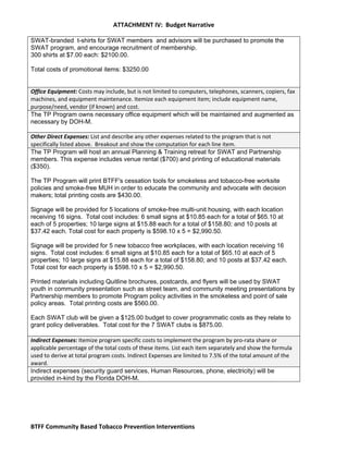   ATTACHMENT IV:  Budget Narrative 
 
BTFF Community Based Tobacco Prevention Interventions   
SWAT-branded t-shirts for SWAT members and advisors will be purchased to promote the
SWAT program, and encourage recruitment of membership.
300 shirts at $7.00 each: $2100.00.
Total costs of promotional items: $3250.00
Office Equipment: Costs may include, but is not limited to computers, telephones, scanners, copiers, fax 
machines, and equipment maintenance. Itemize each equipment item; include equipment name, 
purpose/need, vendor (if known) and cost. 
The TP Program owns necessary office equipment which will be maintained and augmented as
necessary by DOH-M.
Other Direct Expenses: List and describe any other expenses related to the program that is not 
specifically listed above.  Breakout and show the computation for each line item. 
The TP Program will host an annual Planning & Training retreat for SWAT and Partnership
members. This expense includes venue rental ($700) and printing of educational materials
($350). 
The TP Program will print BTFF's cessation tools for smokeless and tobacco-free worksite
policies and smoke-free MUH in order to educate the community and advocate with decision
makers; total printing costs are $430.00.
Signage will be provided for 5 locations of smoke-free multi-unit housing, with each location
receiving 16 signs. Total cost includes: 6 small signs at $10.85 each for a total of $65.10 at
each of 5 properties; 10 large signs at $15.88 each for a total of $158.80; and 10 posts at
$37.42 each. Total cost for each property is $598.10 x 5 = $2,990.50.
Signage will be provided for 5 new tobacco free workplaces, with each location receiving 16
signs. Total cost includes: 6 small signs at $10.85 each for a total of $65.10 at each of 5
properties; 10 large signs at $15.88 each for a total of $158.80; and 10 posts at $37.42 each.
Total cost for each property is $598.10 x 5 = $2,990.50.
Printed materials including Quitline brochures, postcards, and flyers will be used by SWAT
youth in community presentation such as street team, and community meeting presentations by
Partnership members to promote Program policy activities in the smokeless and point of sale
policy areas. Total printing costs are $560.00.
Each SWAT club will be given a $125.00 budget to cover programmatic costs as they relate to
grant policy deliverables. Total cost for the 7 SWAT clubs is $875.00.
 
Indirect Expenses: Itemize program specific costs to implement the program by pro‐rata share or 
applicable percentage of the total costs of these items. List each item separately and show the formula 
used to derive at total program costs. Indirect Expenses are limited to 7.5% of the total amount of the 
award. 
Indirect expenses (security guard services, Human Resources, phone, electricity) will be
provided in-kind by the Florida DOH-M.
 
 