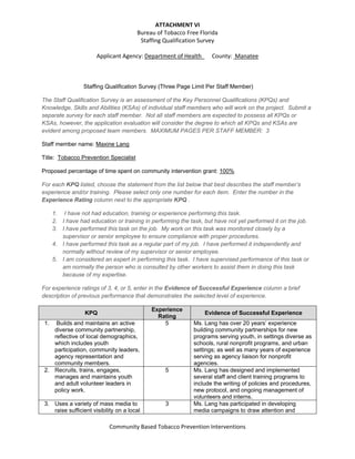 ATTACHMENT VI 
Bureau of Tobacco Free Florida  
Staffing Qualification Survey 
 
Applicant Agency: Department of Health_     County:  Manatee 
 
 
 
Community Based Tobacco Prevention Interventions 
 
Staffing Qualification Survey (Three Page Limit Per Staff Member)
The Staff Qualification Survey is an assessment of the Key Personnel Qualifications (KPQs) and
Knowledge, Skills and Abilities (KSAs) of individual staff members who will work on the project. Submit a
separate survey for each staff member. Not all staff members are expected to possess all KPQs or
KSAs, however, the application evaluation will consider the degree to which all KPQs and KSAs are
evident among proposed team members. MAXIMUM PAGES PER STAFF MEMBER: 3
Staff member name: Maxine Lang
Title: Tobacco Prevention Specialist
Proposed percentage of time spent on community intervention grant: 100%
For each KPQ listed, choose the statement from the list below that best describes the staff member’s
experience and/or training. Please select only one number for each item. Enter the number in the
Experience Rating column next to the appropriate KPQ .
1. I have not had education, training or experience performing this task.
2. I have had education or training in performing the task, but have not yet performed it on the job.
3. I have performed this task on the job. My work on this task was monitored closely by a
supervisor or senior employee to ensure compliance with proper procedures.
4. I have performed this task as a regular part of my job. I have performed it independently and
normally without review of my supervisor or senior employee.
5. I am considered an expert in performing this task. I have supervised performance of this task or
am normally the person who is consulted by other workers to assist them in doing this task
because of my expertise.
For experience ratings of 3, 4, or 5, enter in the Evidence of Successful Experience column a brief
description of previous performance that demonstrates the selected level of experience.
KPQ
Experience
Rating
Evidence of Successful Experience
1. Builds and maintains an active
diverse community partnership,
reflective of local demographics,
which includes youth
participation, community leaders,
agency representation and
community members.
5 Ms. Lang has over 20 years’ experience
building community partnerships for new
programs serving youth, in settings diverse as
schools, rural nonprofit programs, and urban
settings; as well as many years of experience
serving as agency liaison for nonprofit
agencies.
2. Recruits, trains, engages,
manages and maintains youth
and adult volunteer leaders in
policy work.
5 Ms. Lang has designed and implemented
several staff and client training programs to
include the writing of policies and procedures,
new protocol, and ongoing management of
volunteers and interns.
3. Uses a variety of mass media to
raise sufficient visibility on a local
3 Ms. Lang has participated in developing
media campaigns to draw attention and
 