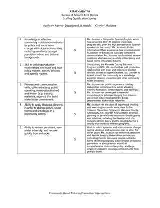 ATTACHMENT VI 
Bureau of Tobacco Free Florida  
Staffing Qualification Survey 
 
Applicant Agency: Department of Health_     County:  Manatee 
 
 
 
Community Based Tobacco Prevention Interventions 
 
1. Knowledge of effective
community mobilization methods
for policy and social norm
change within local communities,
including sensitivity to target
population ethnic and cultural
backgrounds.
5
Ms. Jourdan is bilingual in Spanish/English, which
has served the DOH-M tobacco prevention
program well, given the high prevalence of Spanish
speakers in the county. Ms. Jourdan’s Public
Information Officer experience has provided a solid
foundation for successful culturally-competent
communication. Ms. Jourdan has facilitated several
coalitions who have successfully shifted policy and
social norms in Manatee County.
2. Skill in building productive
relationships with state and local
policy makers, elected officials
and agency leaders. 5
Since joining the Manatee County Tobacco
Program in 2009, Ms. Jourdan has built productive
relationships with local- and state-level elected
officials, as well as agency leaders. Ms. Jourdan is
looked to as in the community as a knowledge
expert in tobacco prevention and other community
health initiatives.
3. Professional communication
skills, both verbal (e.g. public
speaking, meeting facilitation)
and written (e.g. training
materials, reports), that build
stakeholder commitment.
5
Ms. Jourdan has prolific experience building
stakeholder commitment via public speaking,
meeting facilitation, written reports, and trainings.
Ms. Jourdan has developed stakeholder
commitment for initiatives ranging from tobacco
prevention policy development to Ebola
preparedness stakeholder response.
4. Ability to apply strategic planning
in order to change policy, social
norms and processes in a
community setting. 5
Ms. Jourdan has six years of experience creating
and executing successful work plans for the
Tobacco Prevention Program in Manatee County.
Additionally, Ms. Jourdan has facilitated strategic
planning for several other community health grants
and initiatives, including the development of a
complete streets policy and the development of a
county-wide worksite wellness programs.
5. Ability to remain persistent, even
under adversity, and recover
quickly from setbacks.
5
Work in policy, systems, and environmental change
can be laborious and successes can be slow. For
seven years, Ms. Jourdan has remained persistent
and flexible, keeping stakeholders on task and
motivating them to persevere despite setbacks.
Some of her largest policy achievements in tobacco
prevention –a school district wide K-12
comprehensive tobacco-free policy, and large
employer cessation coverage achievements- took
years to attain.
 