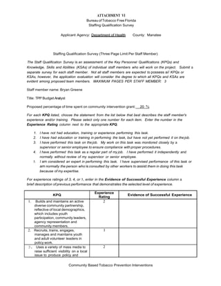 ATTACHMENT VI
Bureau ofTobacco Free Florida
Staffing Qualification Survey
Applicant Agency: Department of Health County: Manatee
Community Based Tobacco Prevention Interventions
 
 
 
 
 
 
Staffing Qualification Survey (Three Page Limit Per Staff Member)
 
The Staff Qualification Survey is an assessment of the Key Personnel Qualifications (KPQs) and
Knowledge, Skills and Abilities (KSAs) of individual staff members who will work on the project. Submit a
separate survey for each staff member. Not all staff members are expected to possess a// KPQs or
KSAs, however, the application evaluation will consider the degree to which all KPQs and KSAs are
evident among proposed team members. MAXIMUM PAGES PER STAFF MEMBER: 3
 
Staff member name: Bryan Greene
Title: TPP Budget Analyst
Proposed percentage of time spent on community intervention grant: 20 %
 
For each KPQ listed, choose the statement from the list below that best describes the staff member's
experience and/or training. Please select only one number for each item. Enter the number in the
Experience Rating column next to the appropriate KPQ.
 
1. I have not had education, training or experience performing this task.
2. I have had education or training in performing the task, but have not yet performed it on the job.
3. I have performed this task on thejob. My work on this task was monitored closely by a
supervisor or senior employee to ensure compliance with proper procedures.
4. I have performed this task as a regular part of my job. I have performed it independently and
normally without review of my supervisor or senior employee.
5. I am considered an expert in performing this task. I have supervised performance of this task or
am normally the person who is consulted by other workers to assist them in doing this task
because of my expertise.
 
For experience ratings of 3, 4, or 5, enter in the Evidence of Successful Experience column a
brief description of previous performance that demonstrates the selected level of experience.
 
 
KPQ
Experience
Rating
Evidence of Successful Experience
1. Builds and maintains an active
diverse community partnership,
reflective of local demographics,
which includes youth
participation, community leaders,
agency representation and
community members.
2  
2. Recruits, trains, engages,
manages and maintains youth
and adult volunteer leaders in
policy work.
1  
3. Uses a variety of mass media to
raise sufficient visibility on a local
issue to produce policy and
2  
 
