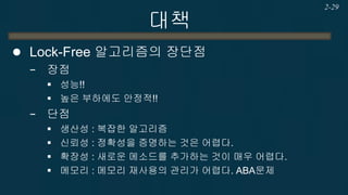 대책 
Lock-Free 알고리즘의 장단점 
−장점 
성능!! 
높은 부하에도 안정적!! 
−단점 
생산성 : 복잡한 알고리즘 
신뢰성 : 정확성을 증명하는 것은 어렵다. 
확장성 : 새로운 메소드를 추가하는 것이 매우 어렵다. 
메모리 : 메모리 재사용의 관리가 어렵다. ABA문제 
2-29  