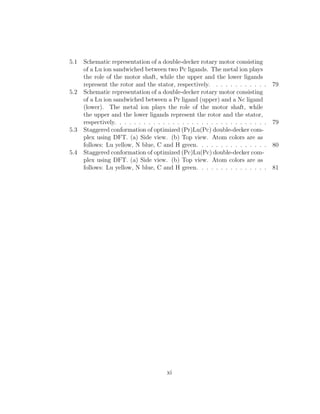 5.1 Schematic representation of a double-decker rotary motor consisting
of a Lu ion sandwiched between two Pc ligands. The metal ion plays
the role of the motor shaft, while the upper and the lower ligands
represent the rotor and the stator, respectively. . . . . . . . . . . . 79
5.2 Schematic representation of a double-decker rotary motor consisting
of a Lu ion sandwiched between a Pr ligand (upper) and a Nc ligand
(lower). The metal ion plays the role of the motor shaft, while
the upper and the lower ligands represent the rotor and the stator,
respectively. . . . . . . . . . . . . . . . . . . . . . . . . . . . . . . . 79
5.3 Staggered conformation of optimized (Pr)Lu(Pc) double-decker com-
plex using DFT. (a) Side view. (b) Top view. Atom colors are as
follows: Lu yellow, N blue, C and H green. . . . . . . . . . . . . . . 80
5.4 Staggered conformation of optimized (Pc)Lu(Pc) double-decker com-
plex using DFT. (a) Side view. (b) Top view. Atom colors are as
follows: Lu yellow, N blue, C and H green. . . . . . . . . . . . . . . 81
xi
 