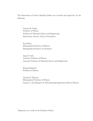 The dissertation of Corina Madalina Barbu was reviewed and approved∗
by the
following:
Vincent H. Crespi
Professor of Physics
Professor of Materials Science and Engineering
Dissertation Advisor, Chair of Committee
Paul Weiss
Distinguished Professor of Physics
Distinguished Professor of Chemistry
Jorge O. Sofo
Associate Professor of Physics
Associate Professor of Materials Science and Engineering
Richard Robinett
Professor of Physics
Jayanth R. Banavar
Distinguished Professor of Physics
George A. and Margaret M. Downsbrough Department Head of Physics
∗
Signatures are on ﬁle in the Graduate School.
 