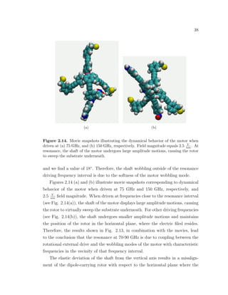 38
(a) (b)
Figure 2.14. Movie snapshots illustrating the dynamical behavior of the motor when
driven at (a) 75 GHz, and (b) 150 GHz, respectively. Field magnitude equals 2.5 V
nm. At
resonance, the shaft of the motor undergoes large amplitude motions, causing the rotor
to sweep the substrate underneath.
and we ﬁnd a value of 18◦
. Therefore, the shaft wobbling outside of the resonance
driving frequency interval is due to the softness of the motor wobbling mode.
Figures 2.14 (a) and (b) illustrate movie snapshots corresponding to dynamical
behavior of the motor when driven at 75 GHz and 150 GHz, respectively, and
2.5 V
nm
ﬁeld magnitude. When driven at frequencies close to the resonance interval
(see Fig. 2.14(a)), the shaft of the motor displays large amplitude motions, causing
the rotor to virtually sweep the substrate underneath. For other driving frequencies
(see Fig. 2.14(b)), the shaft undergoes smaller amplitude motions and maintains
the position of the rotor in the horizontal plane, where the electric ﬁled resides.
Therefore, the results shown in Fig. 2.13, in combination with the movies, lead
to the conclusion that the resonance at 70-90 GHz is due to coupling between the
rotational external drive and the wobbling modes of the motor with characteristic
frequencies in the vecinity of that frequency interval.
The elastic deviation of the shaft from the vertical axis results in a misalign-
ment of the dipole-carrying rotor with respect to the horizontal plane where the
 